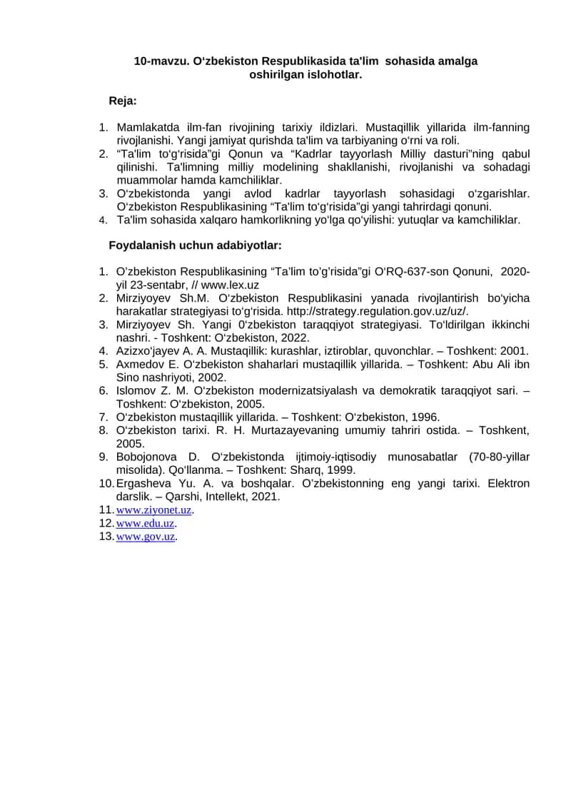 O‘zbekiston Respublikasida ta'lim sohasida amalga oshirilgan islohotlar