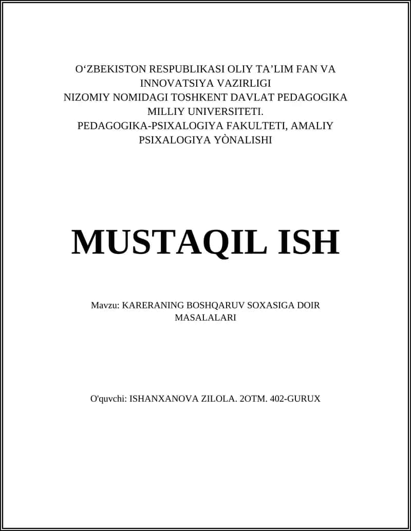 KARERANING BOSHQARUV SOXASIGA DOIR MASALALARI