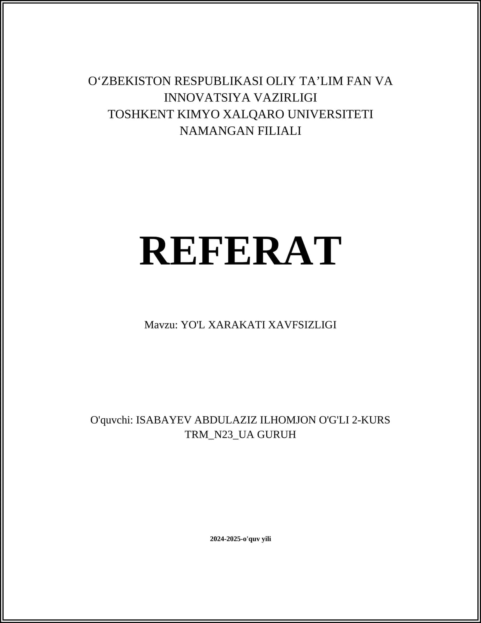 YO'L XARAKATI XAVFSIZLIGI