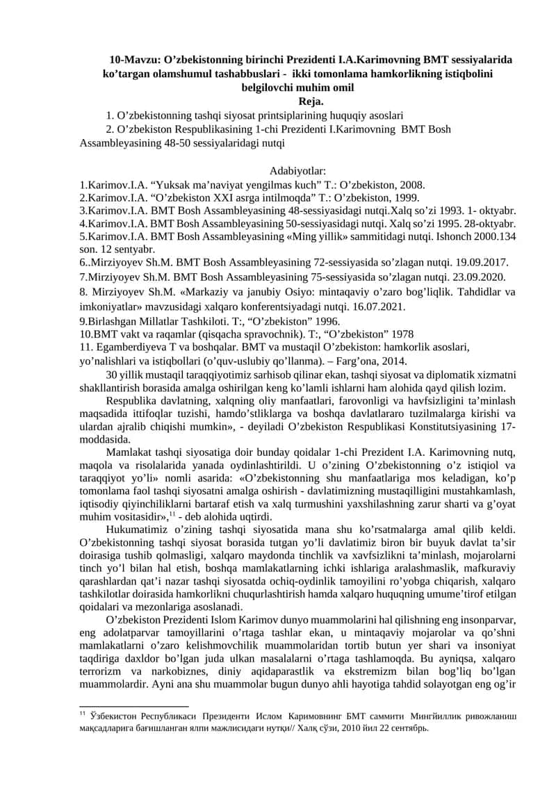 O’zbekistonning birinchi Prezidenti I.A.Karimovning BMT sessiyalarida ko’targan olamshumul tashabbuslari - ikki tomonlama hamkorlikning istiqbolini belgilovchi muhim omil