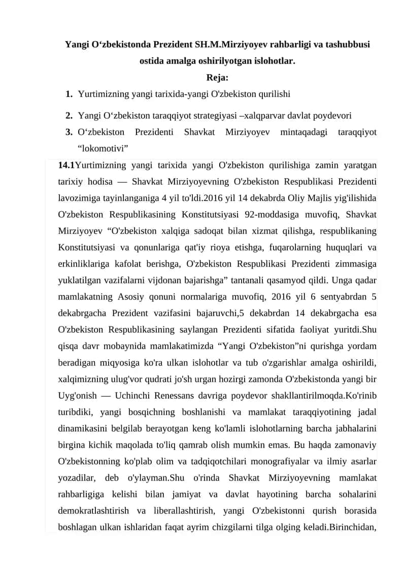 Yangi O‘zbekistonda Prezident SH.M.Mirziyoyev rahbarligi va tashubbusi ostida amalga oshirilyotgan islohotlar