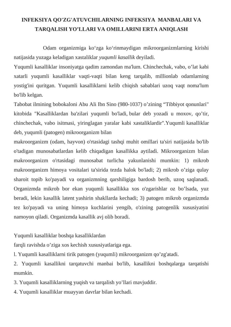 INFEKSIYA QO'ZG'ATUVCHILARNING INFEKSIYA MANBALARI VA TARQALISH YO’LLARI VA OMILLARINI ERTA ANIQLASH