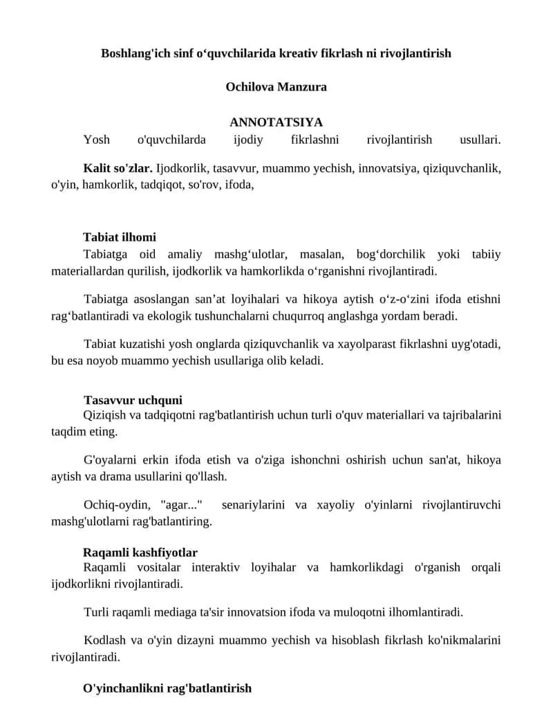 Yosh o'quvchilarda ijodiy fikrlashni rivojlantirish usullari