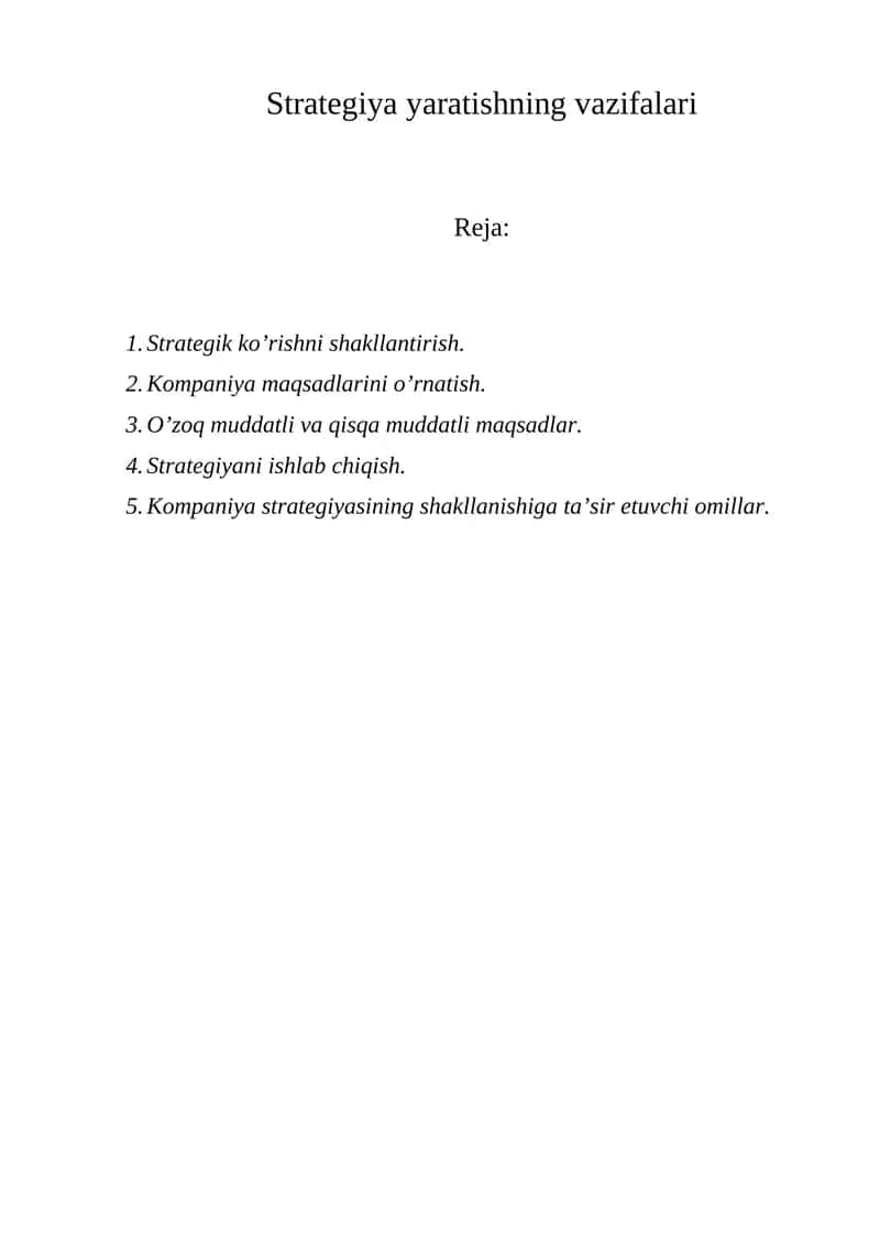 Strategiya yaratishning vazifalari