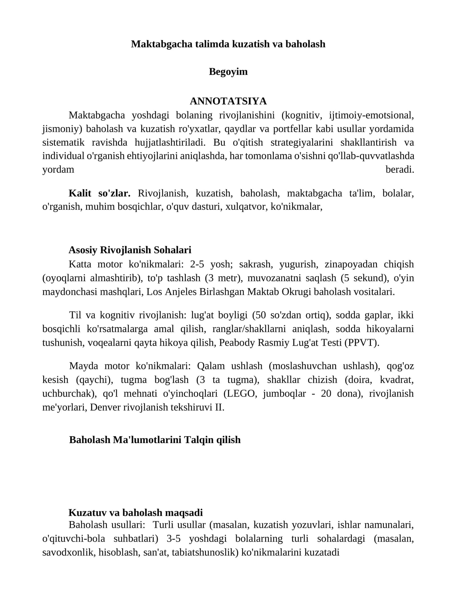 Maktabgacha talimda kuzatish va baholash