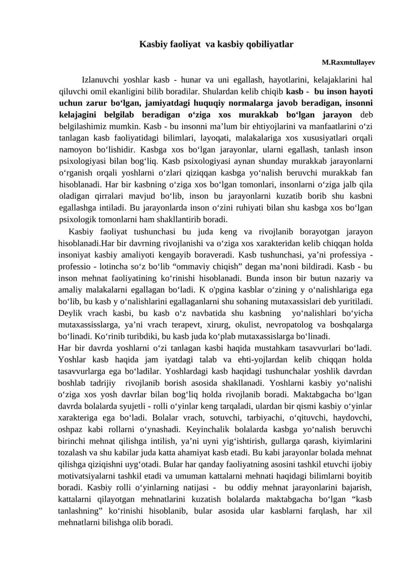 Kasbiy faoliyat va kasbiy qobiliyatlar