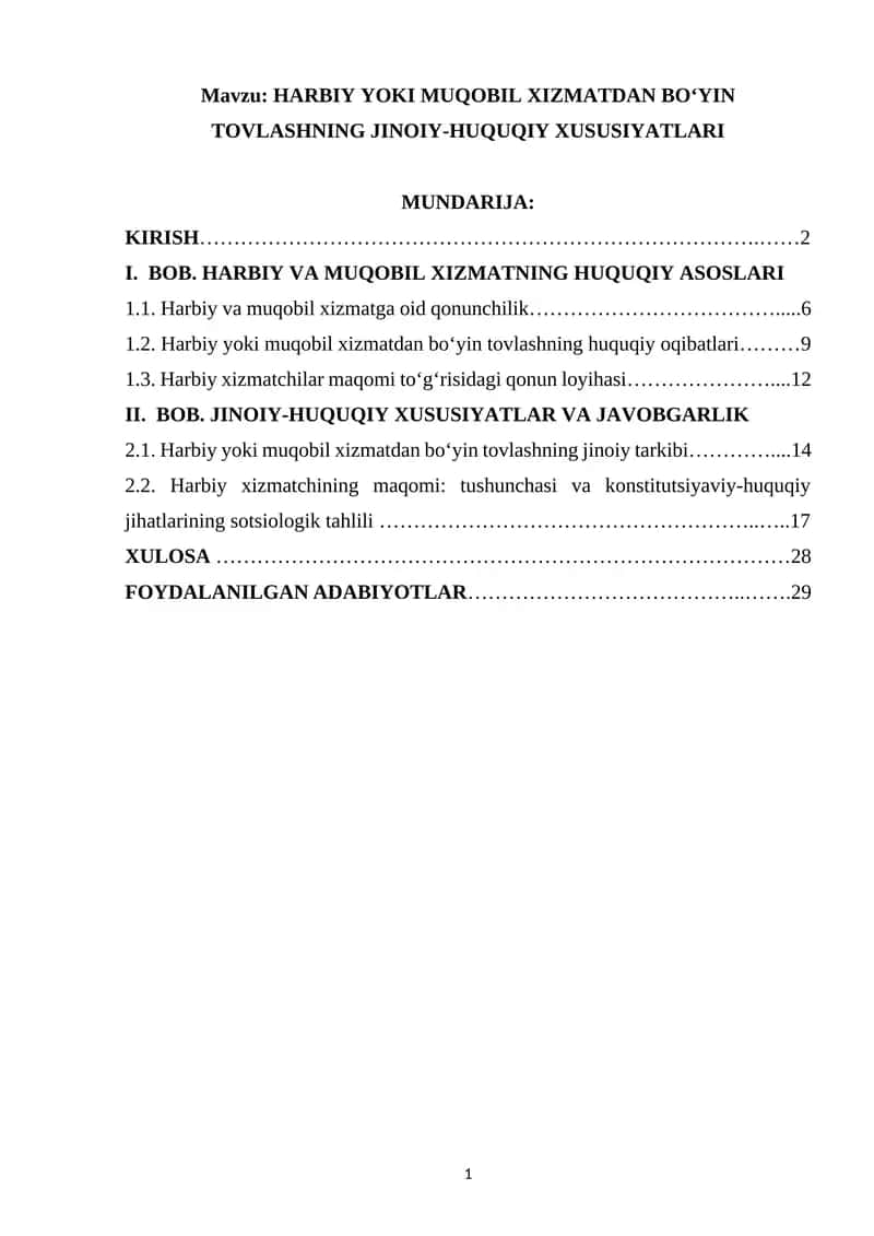 HARBIY YOKI MUQOBIL XIZMATDAN BO‘YIN TOVLASHNING JINOIY-HUQUQIY XUSUSIYATLARI