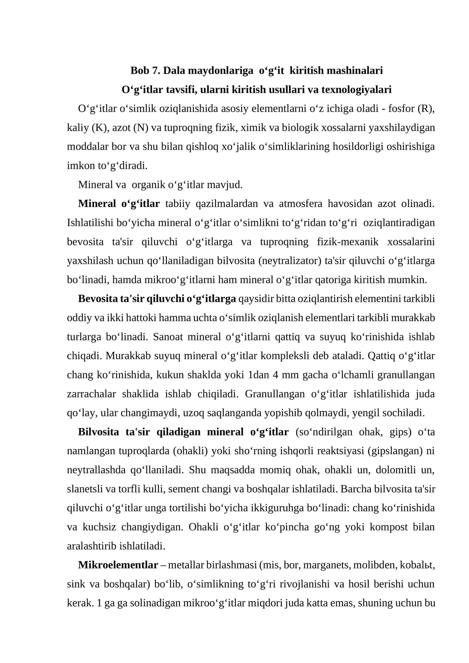 Bob 7. Dala maydonlariga o‘g‘it kiritish mashinalari