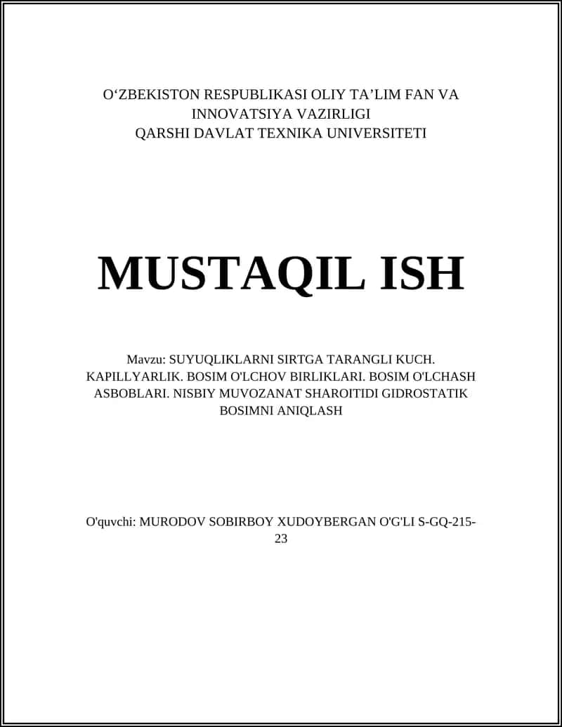 SUYUQLIKLARNI SIRTGA TARANGLI KUCH