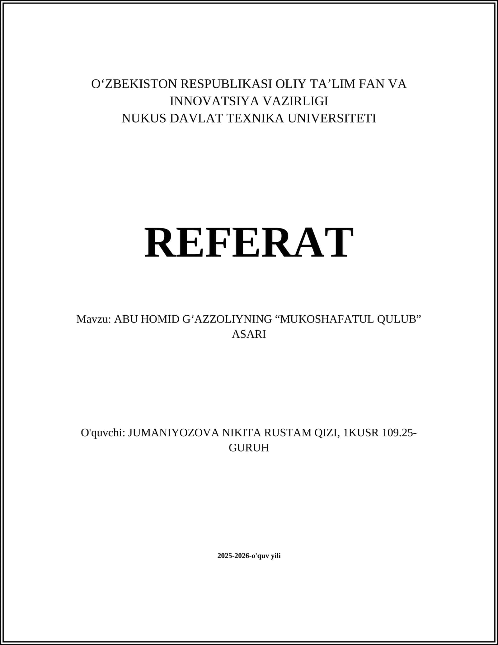 ABU HOMID GʻAZZOLIYNING “MUKOSHAFATUL QULUB” ASARI