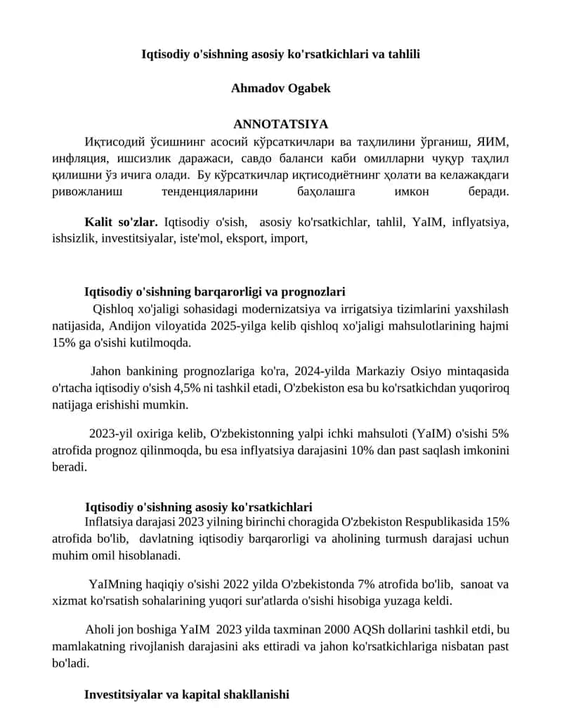 Iqtisodiy o'sishning asosiy ko'rsatkichlari va tahlili