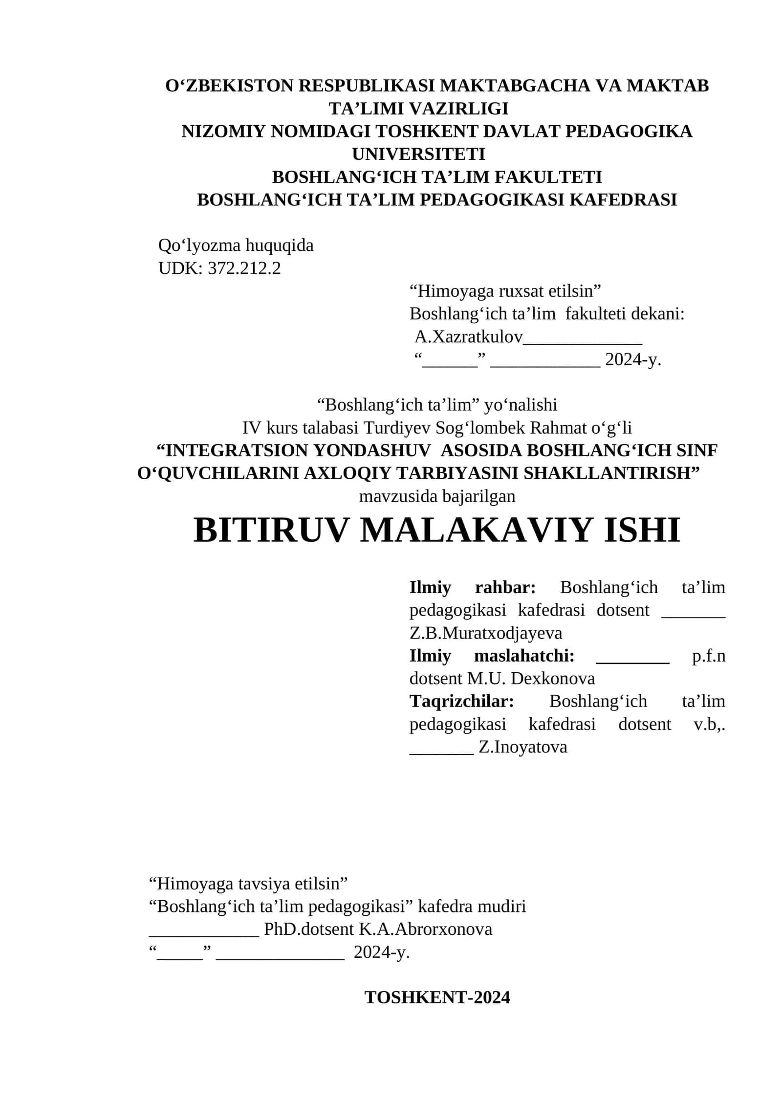 INTEGRATSION YONDASHUV ASOSIDA BOSHLANG‘ICH SINF O‘QUVCHILARINI AXLOQIY TARBIYASINI SHAKLLANTIRISH