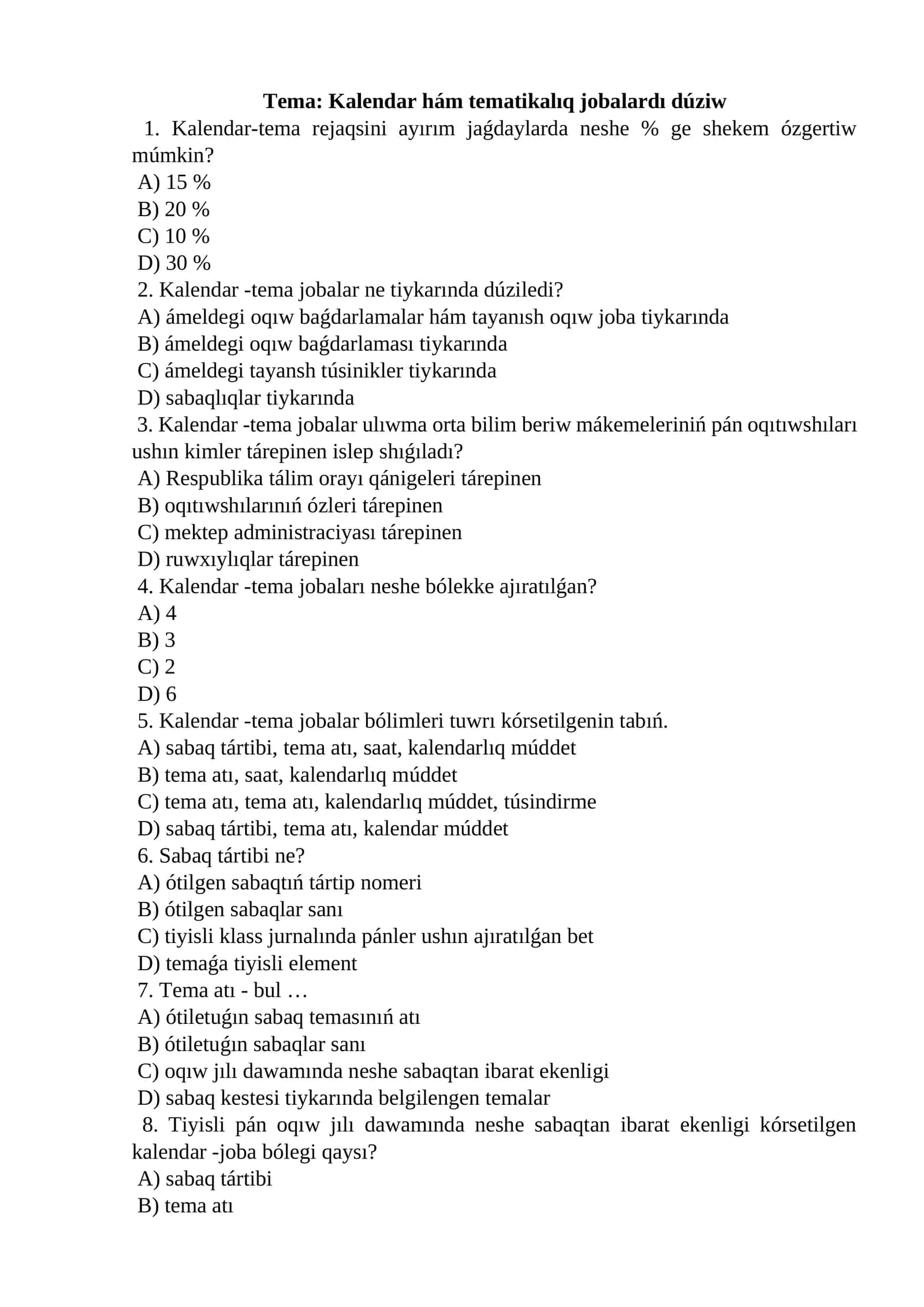 Kalendar hám tematikalıq jobalardı dúziw