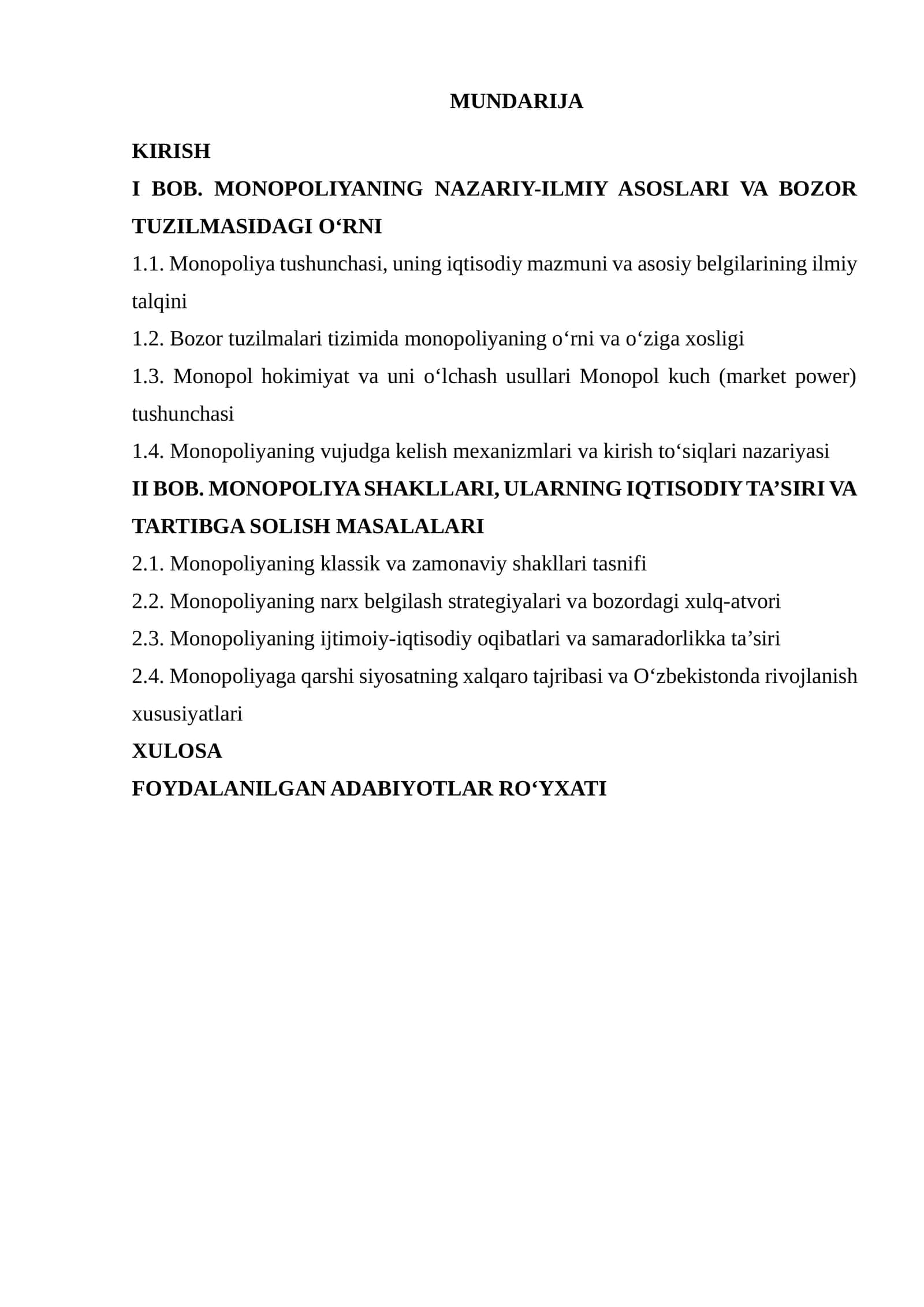 MONOPOLIYANING NAZARIY-ILMIY ASOSLARI VA BOZOR TUZILMASIDAGI O‘RNI