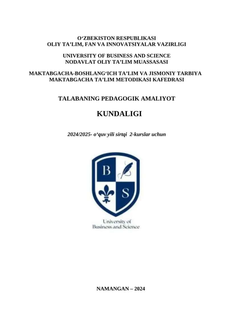 Pedagogik amaliyotni qayd etish bo‘yicha KUNDALIK DAFTARI