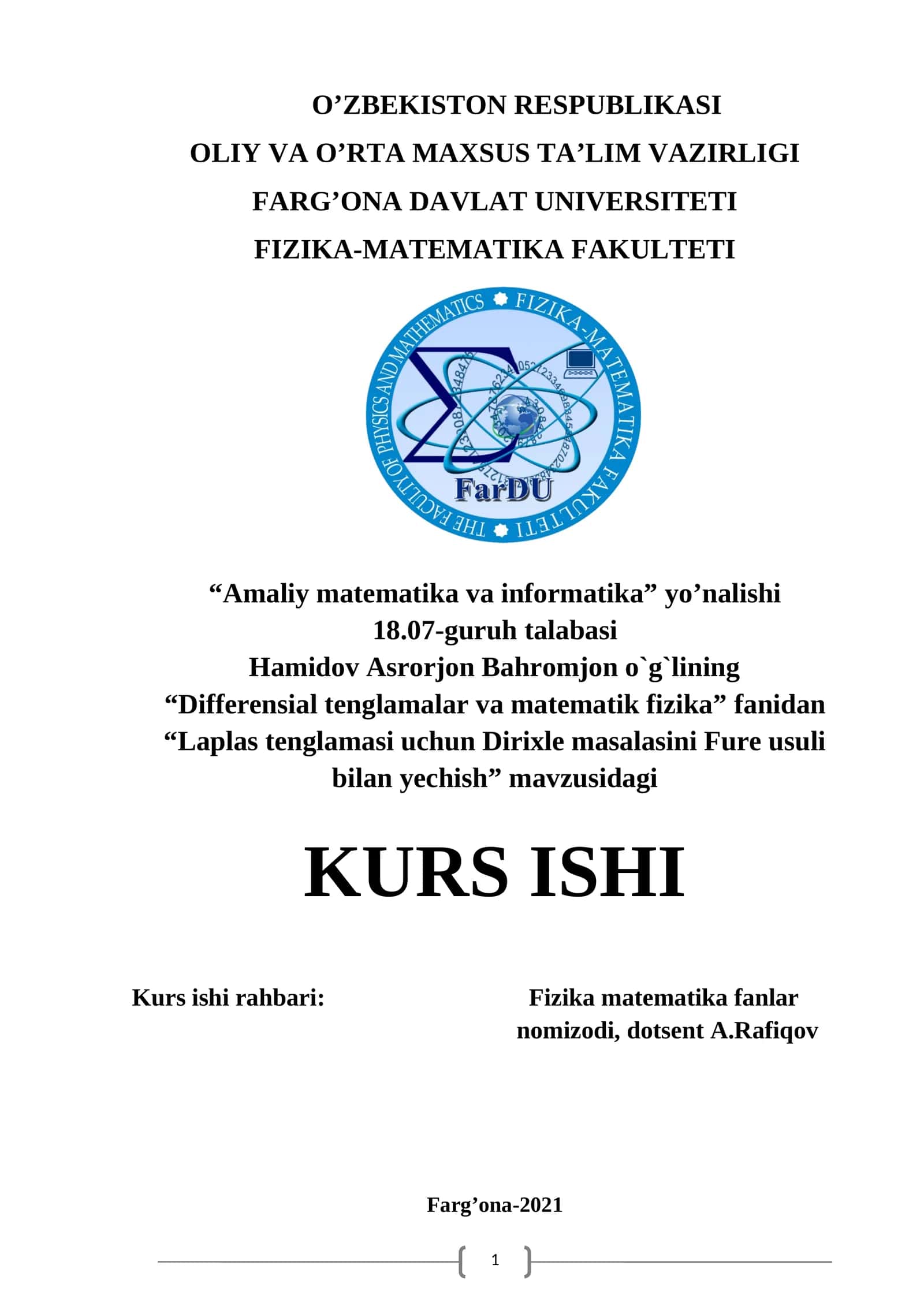 Laplas Tenglamasi Uchun Dirixle Masalasini Fure Usuli Bilan Yechish