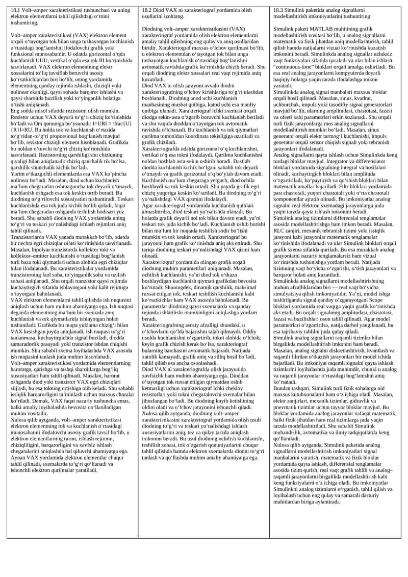 Volt–amper xarakteristikasi tushunchasi va uning elektron elementlarni tahlil qilishdagi o‘rnini tushuntiring