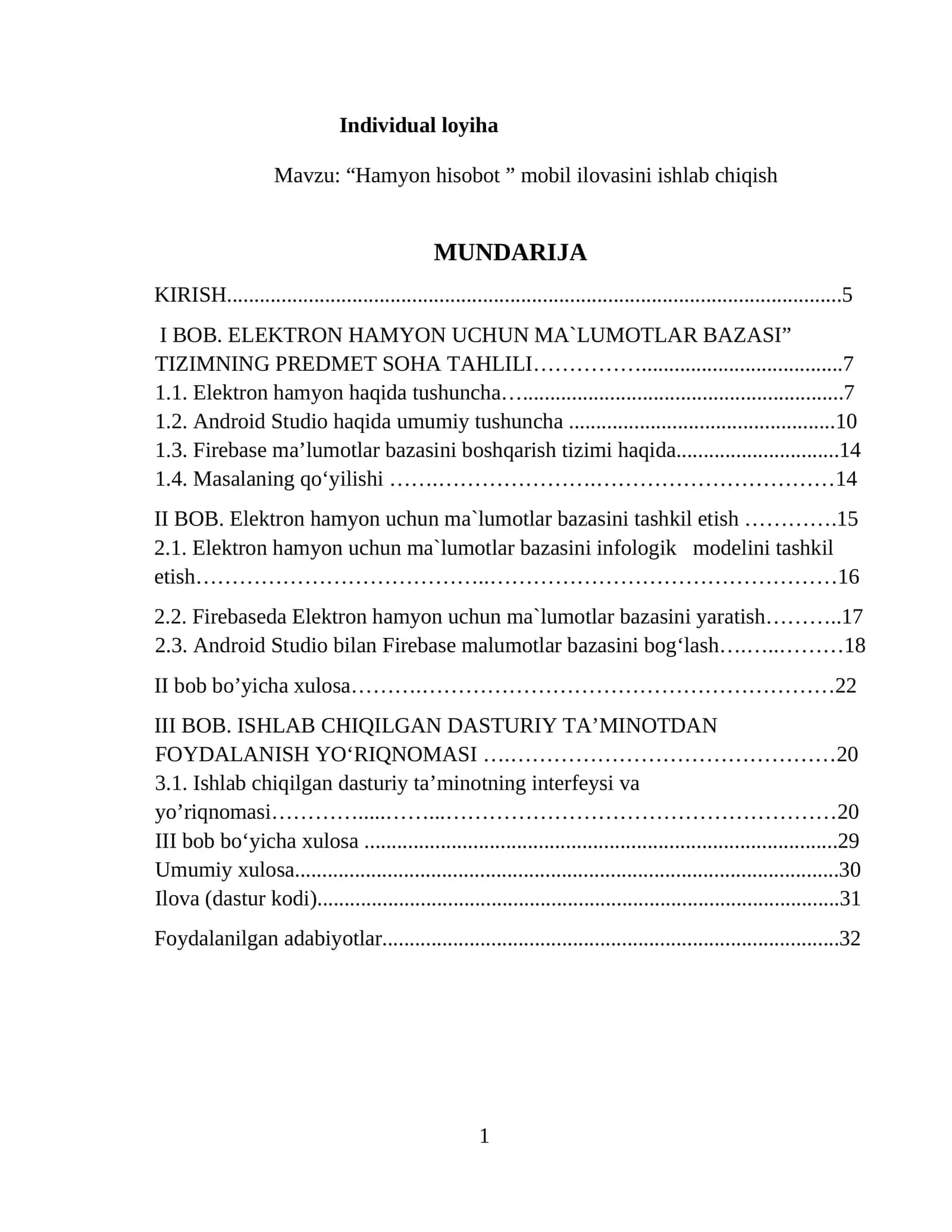 Hamyon hisobot ” mobil ilovasini ishlab chiqish loyihasi