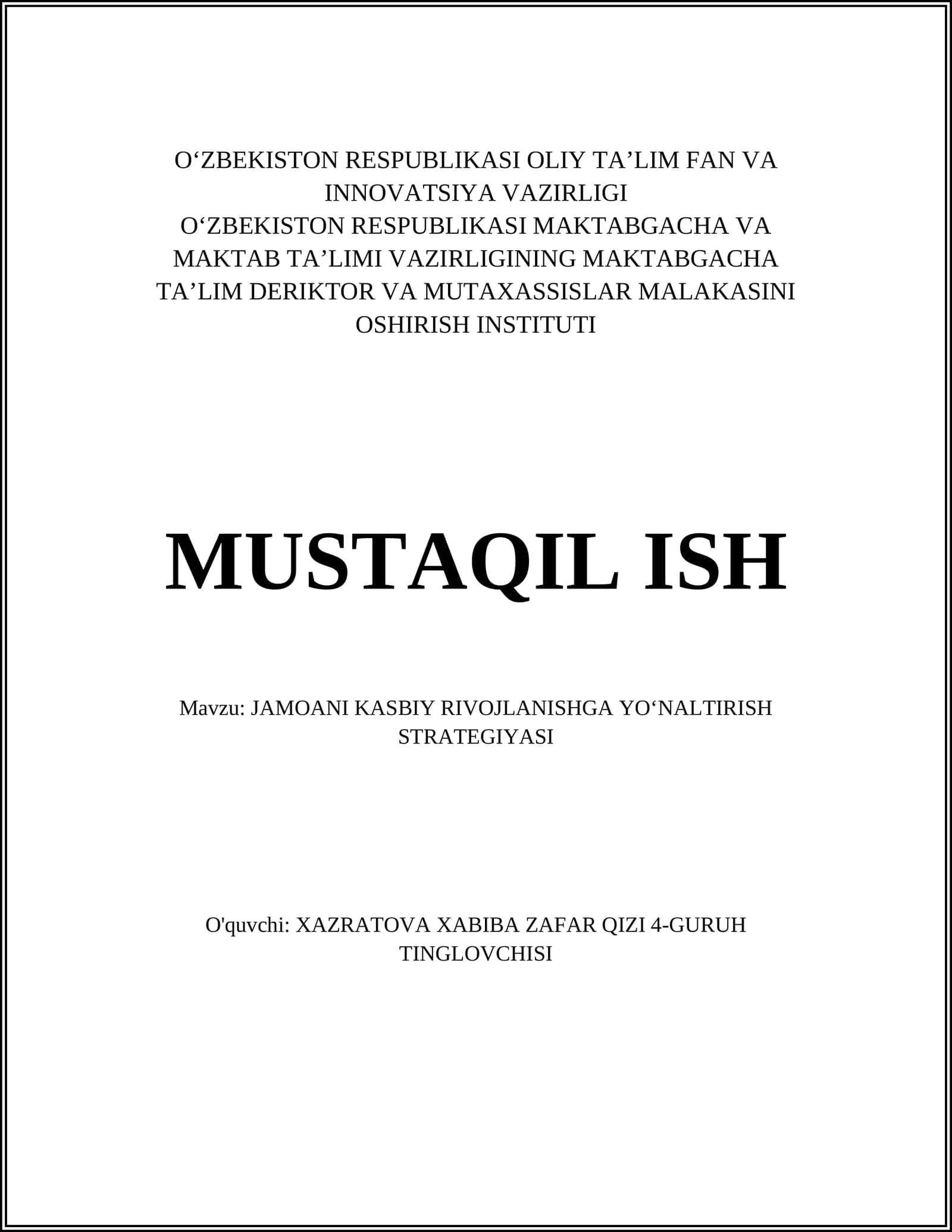 JAMOANI KASBIY RIVOJLANISHGA YOʻNALTIRISH STRATEGIYASI