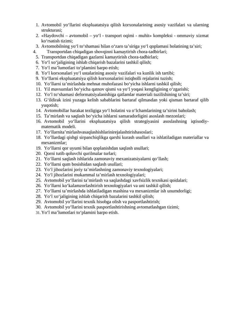 Avtomobil yo‘llarini ekspluatatsiya qilish korxonalarining vazifalari