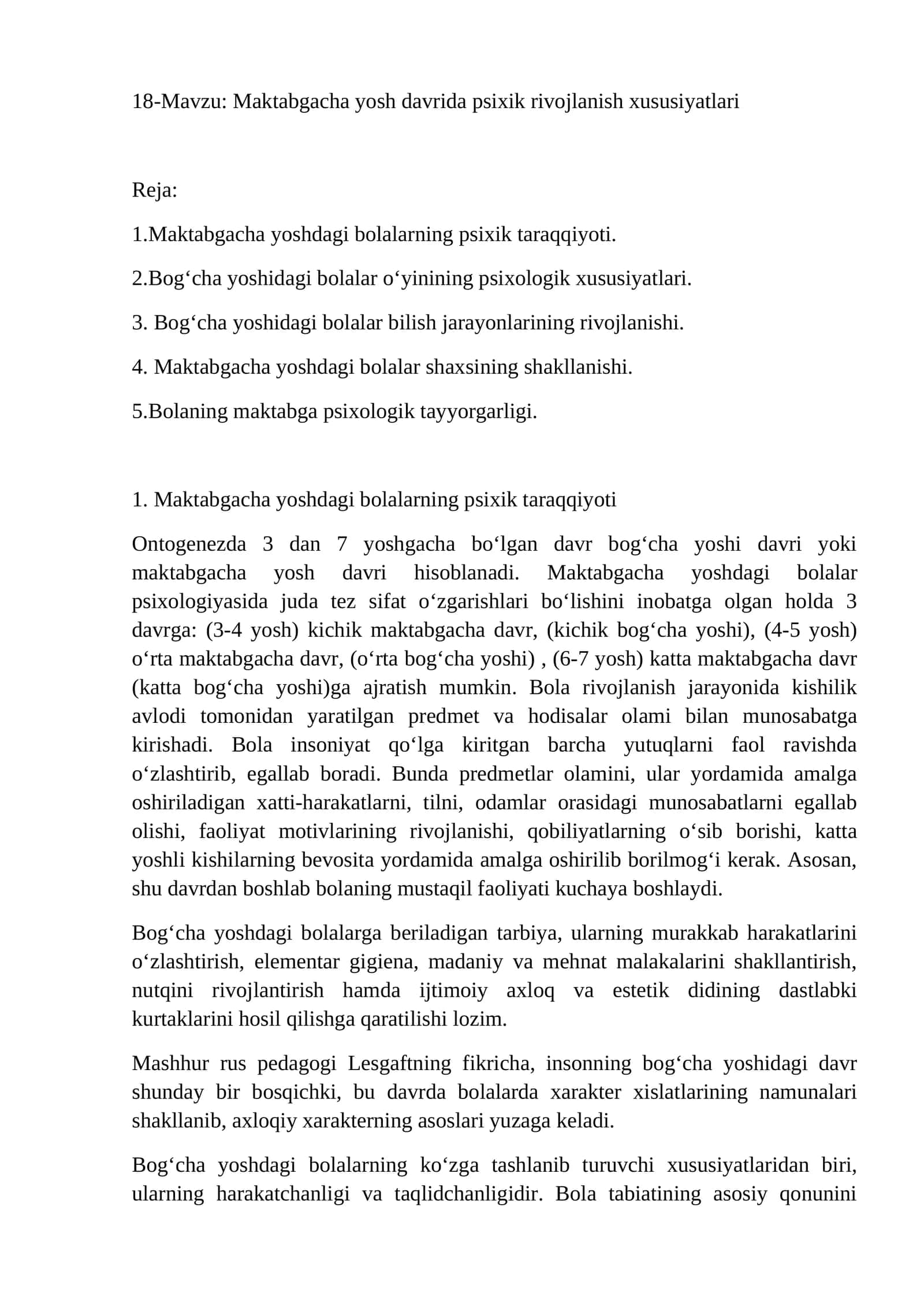 18-Mavzu: Maktabgacha yosh davrida psixik rivojlanish xususiyatlari