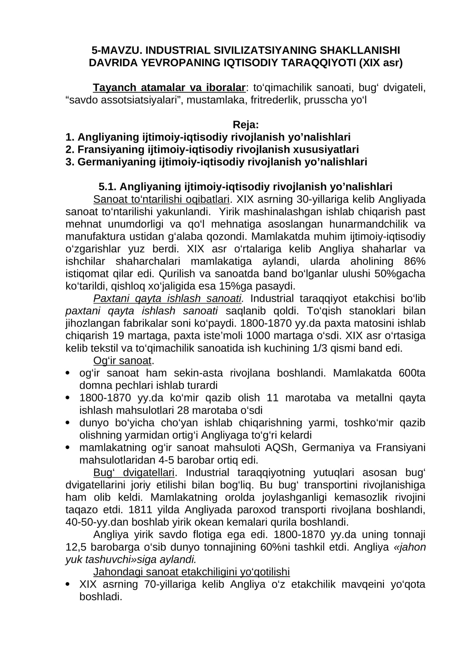 INDUSTRIAL SIVILIZATSIYANING SHAKLLANISHI DAVRIDA YEVROPANING IQTISODIY TARAQQIYOTI (XIX asr)
