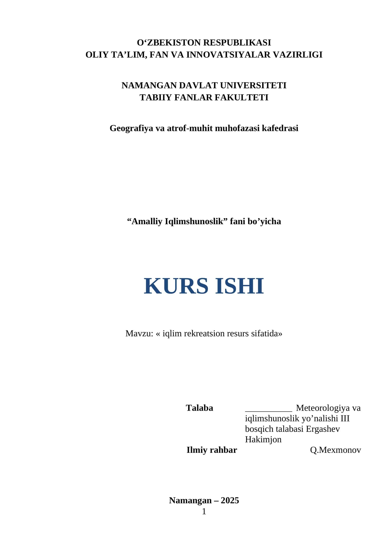 KURS ISHI - iqlim rekreatsion resurs sifatida