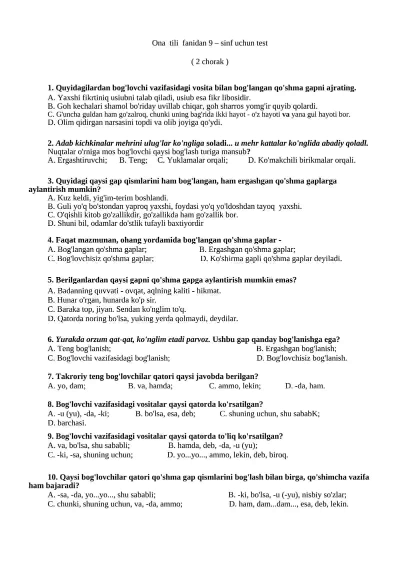Ona tili fanidan 9 – sinf uchun test