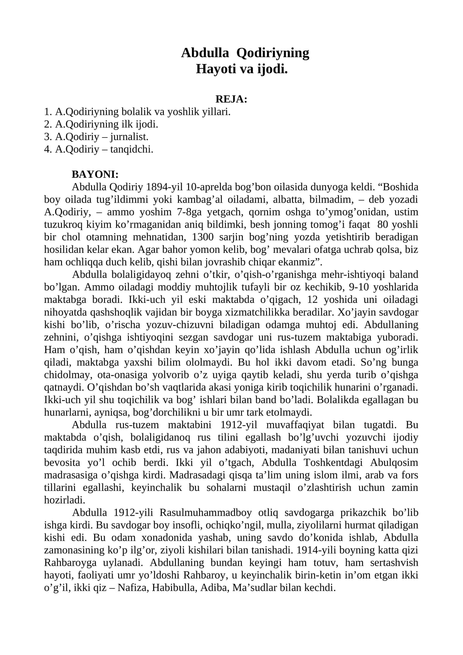 Abdulla Qodiriyning Hayoti va Ijodi