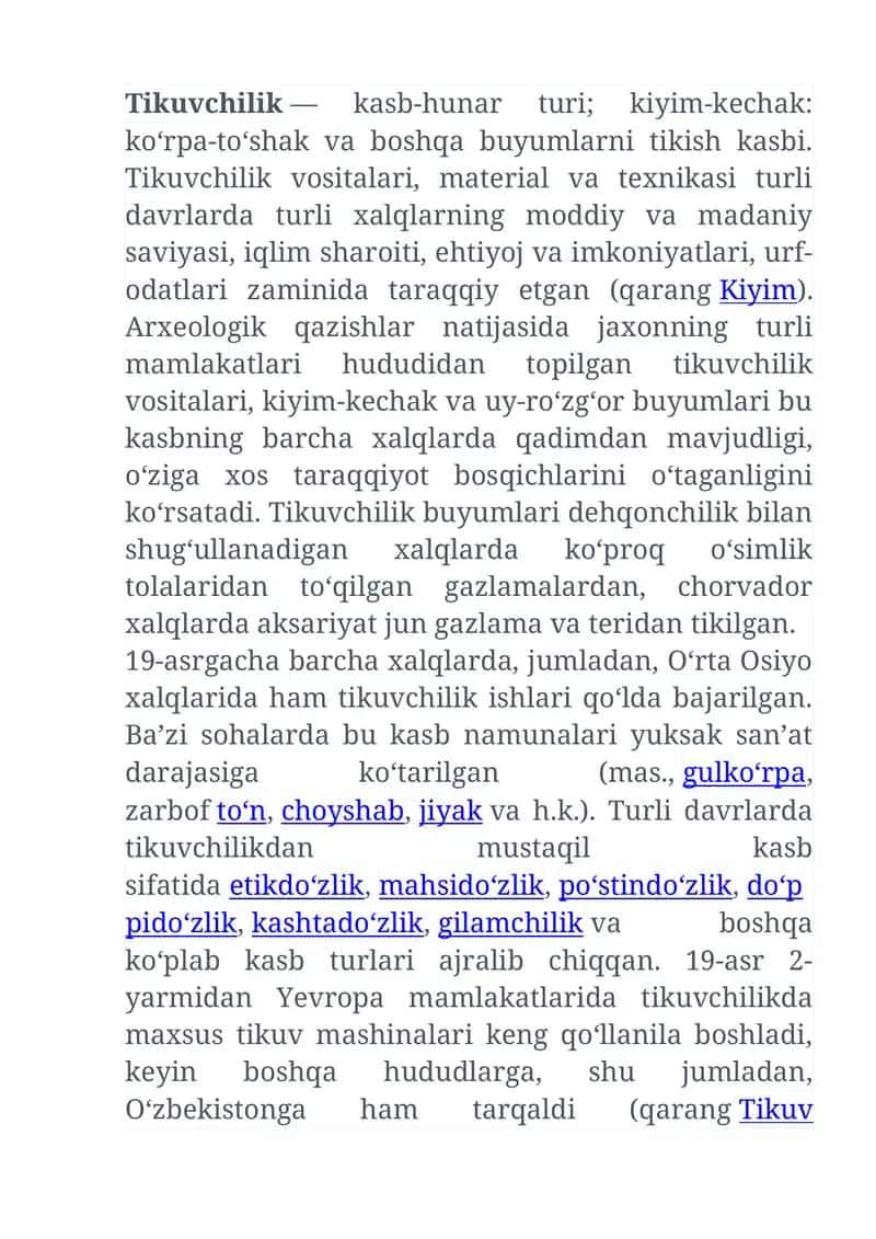 Tikuvchilik—kasb-hunar turi; kiyim-kechak