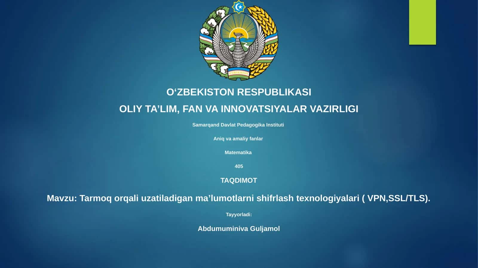 Tarmoq orqali uzatiladigan maʼlumotlarni shifrlash texnologiyalari ( VPN,SSL/TLS)