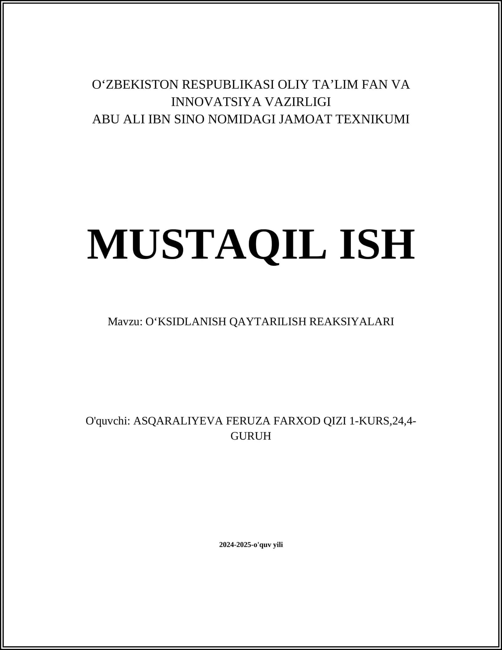OʻKSIDLANISH QAYTARILISH REAKSIYALARI