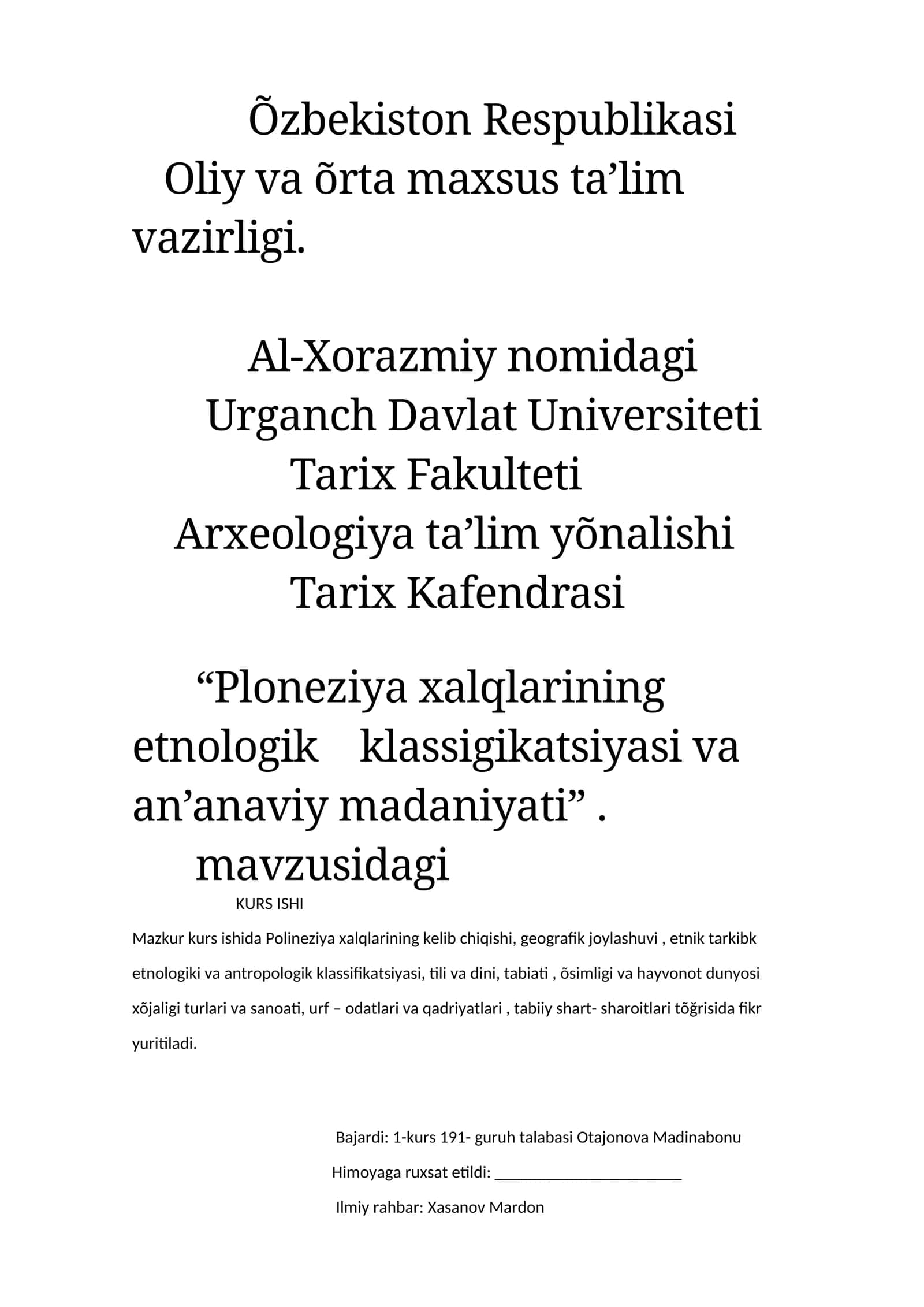 Ploneziya xalqlarining etnologik klassigikatsiyasi va an’anaviy madaniyati