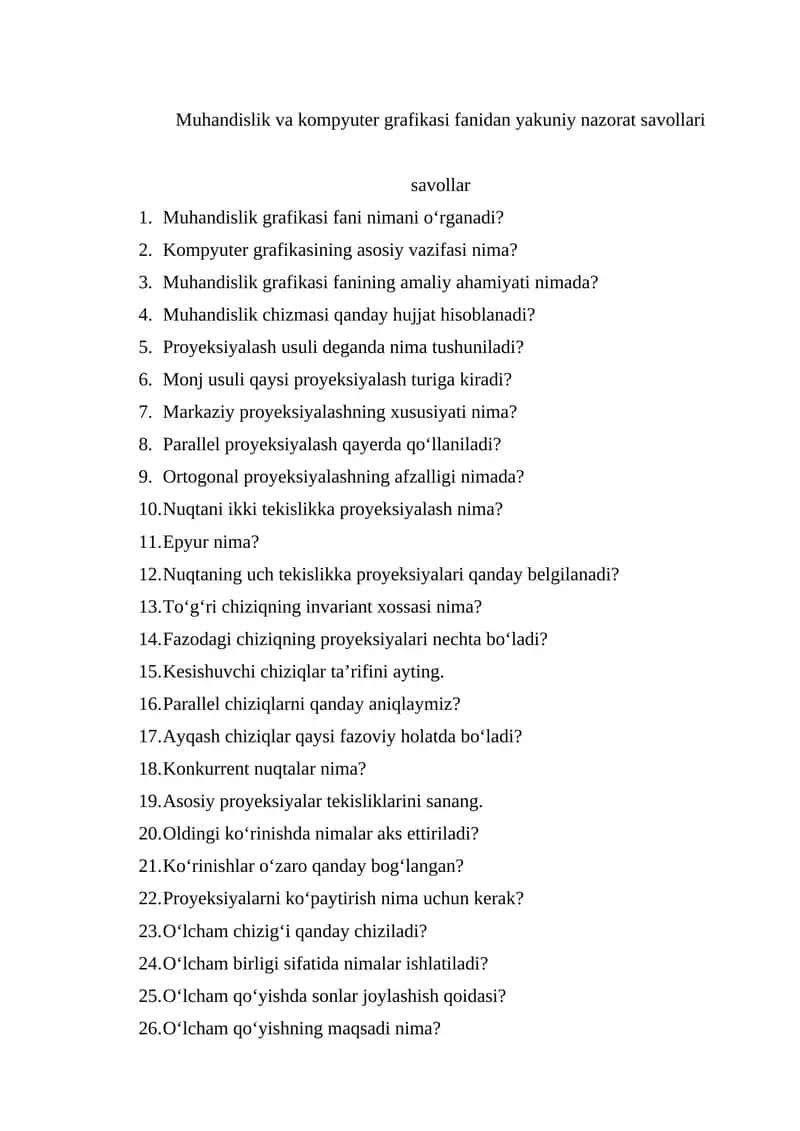 Muhandislik va kompyuter grafikasi fanidan yakuniy nazorat savollari