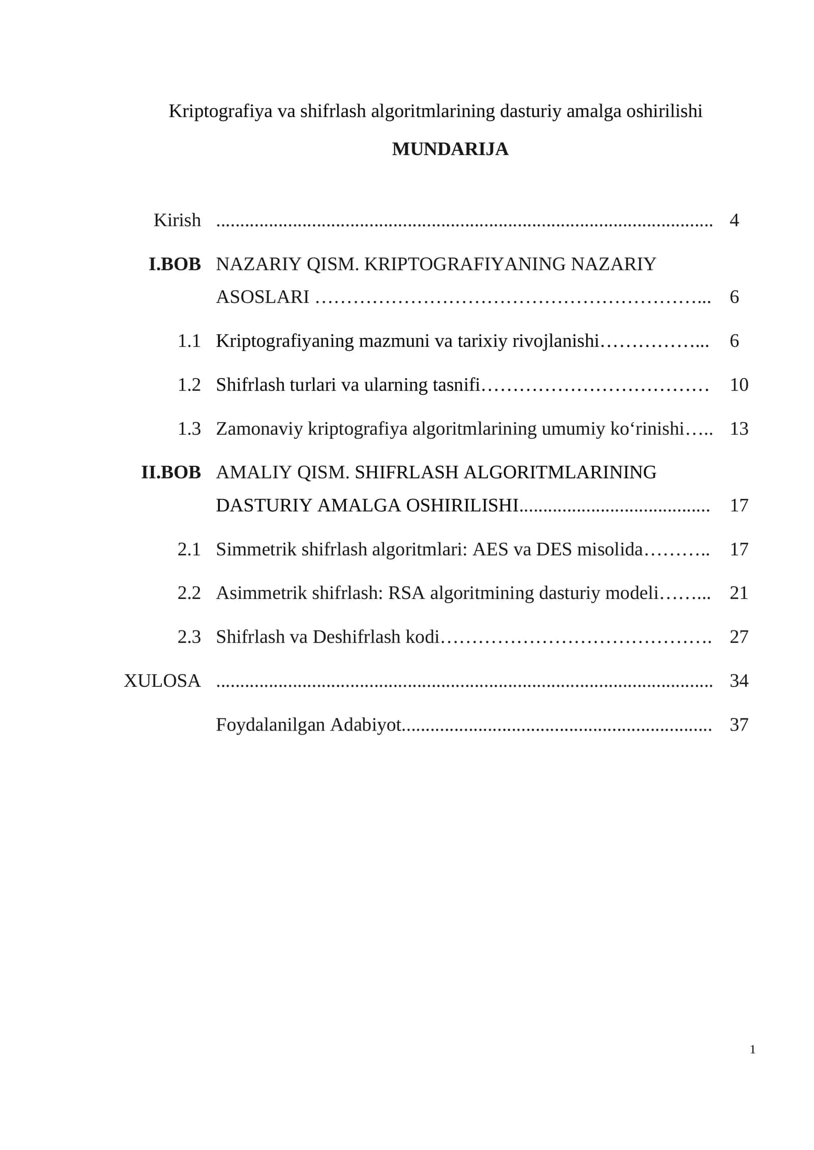 Kriptografiya va shifrlash algoritmlarining dasturiy amalga oshirilishi