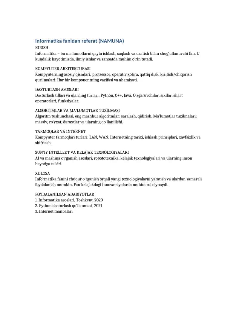 Informatika fanidan referat (NAMUNA)