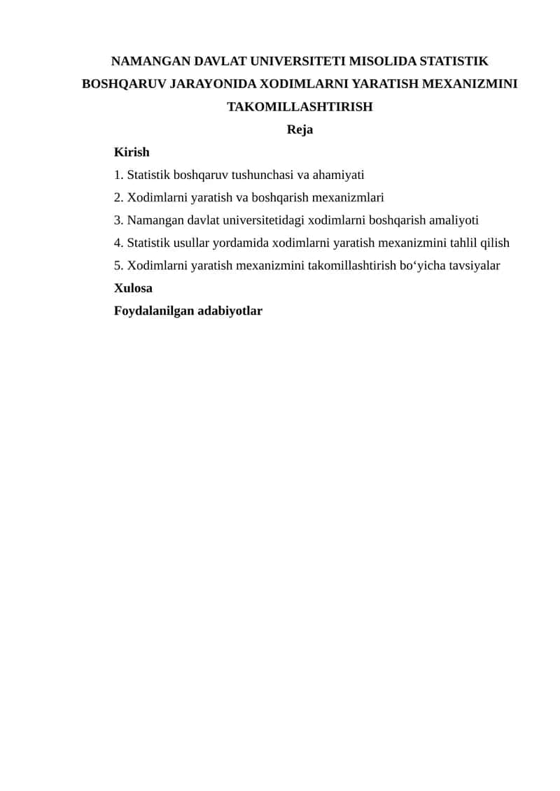 Statistik boshqaruv jarayonida xodimlarni yaratish mexanizmini takomillashtirish