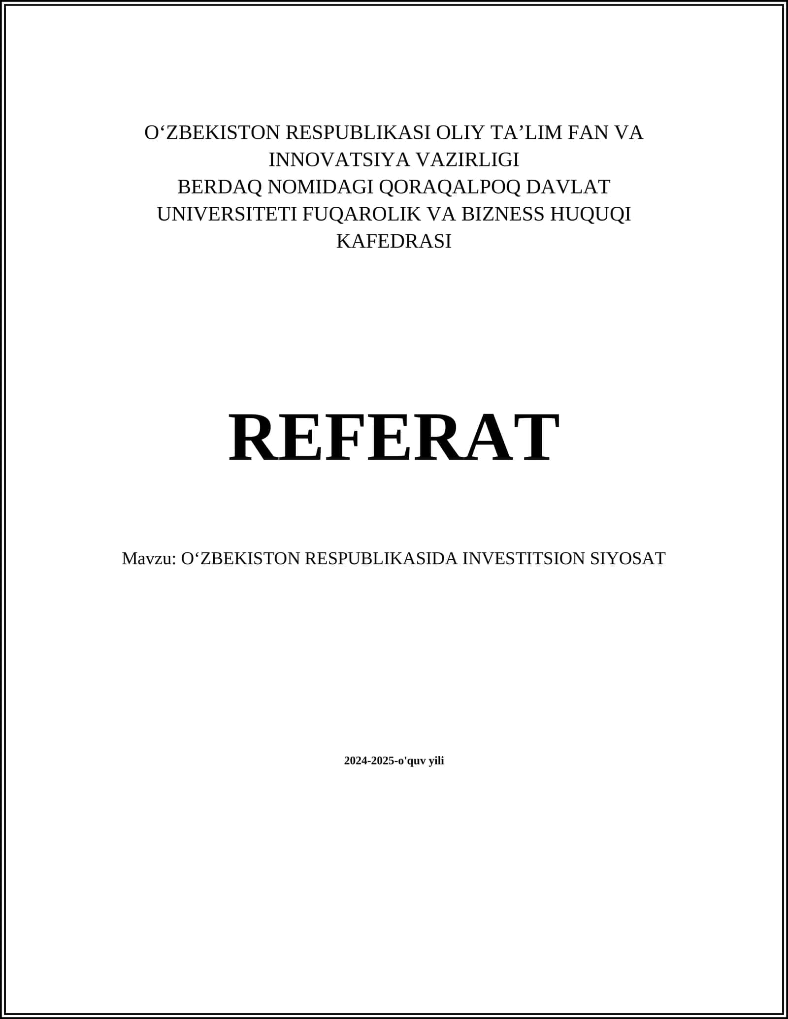 O‘ZBEKISTON RESPUBLIKASIDA INVESTITSION SIYOSAT