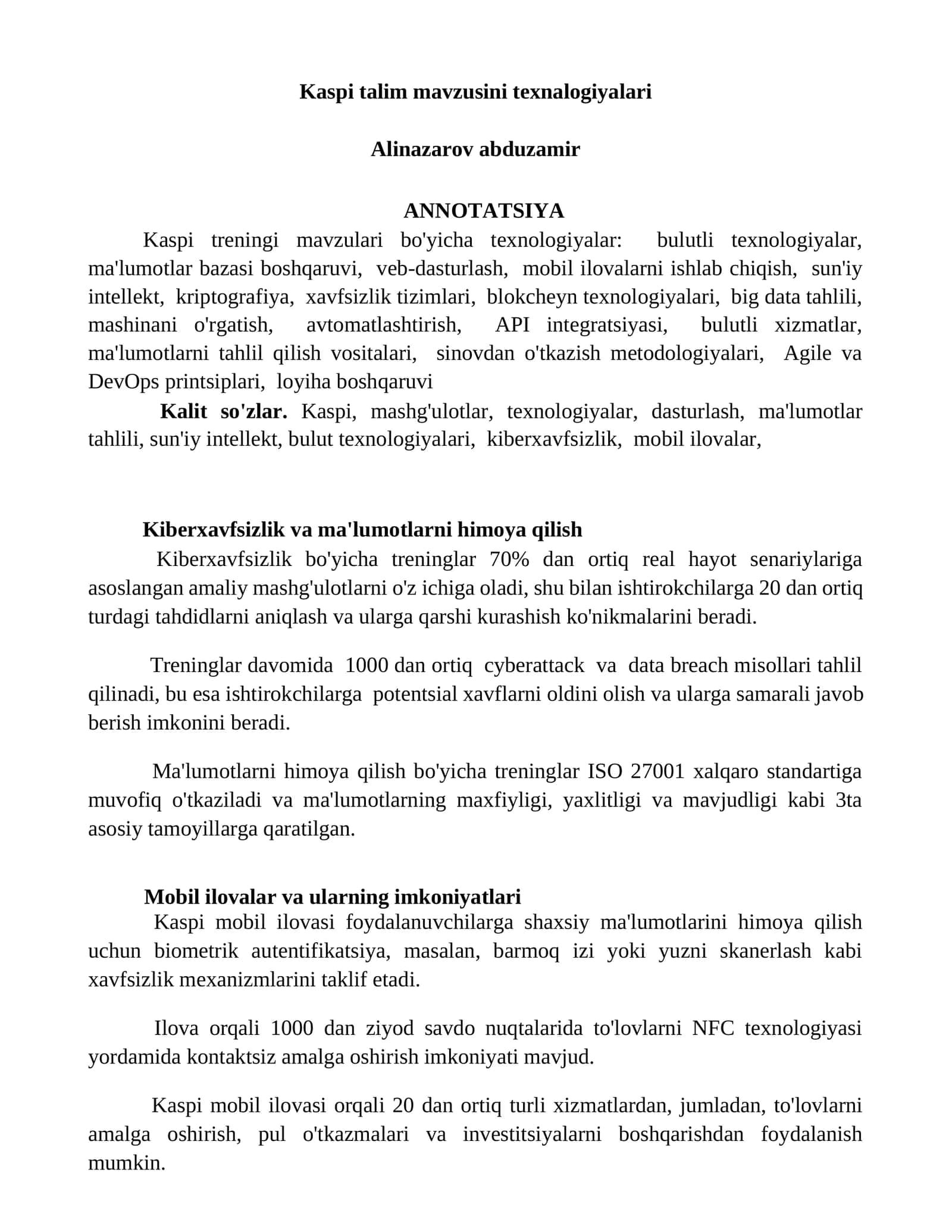 Kaspi talim mavzusini texnalogiyalari