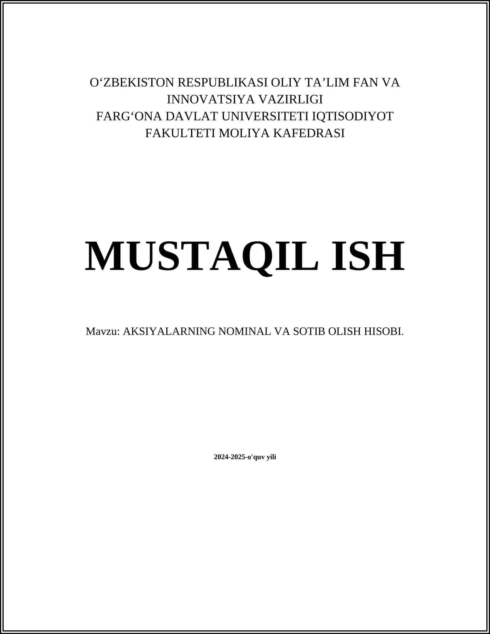 AKSIYALARNING NOMINAL VA SOTIB OLISH HISOBI