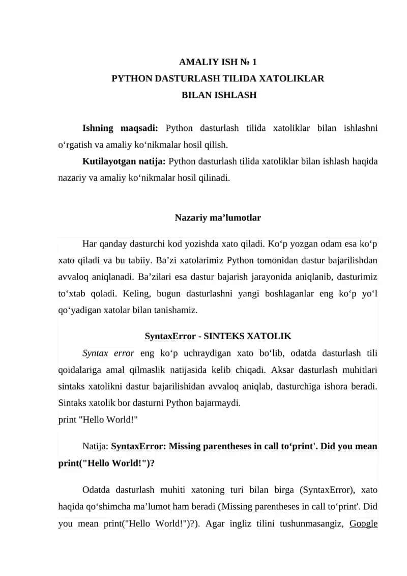 PYTHON DASTURLASH TILIDA XATOLIKLAR BILAN ISHLASH