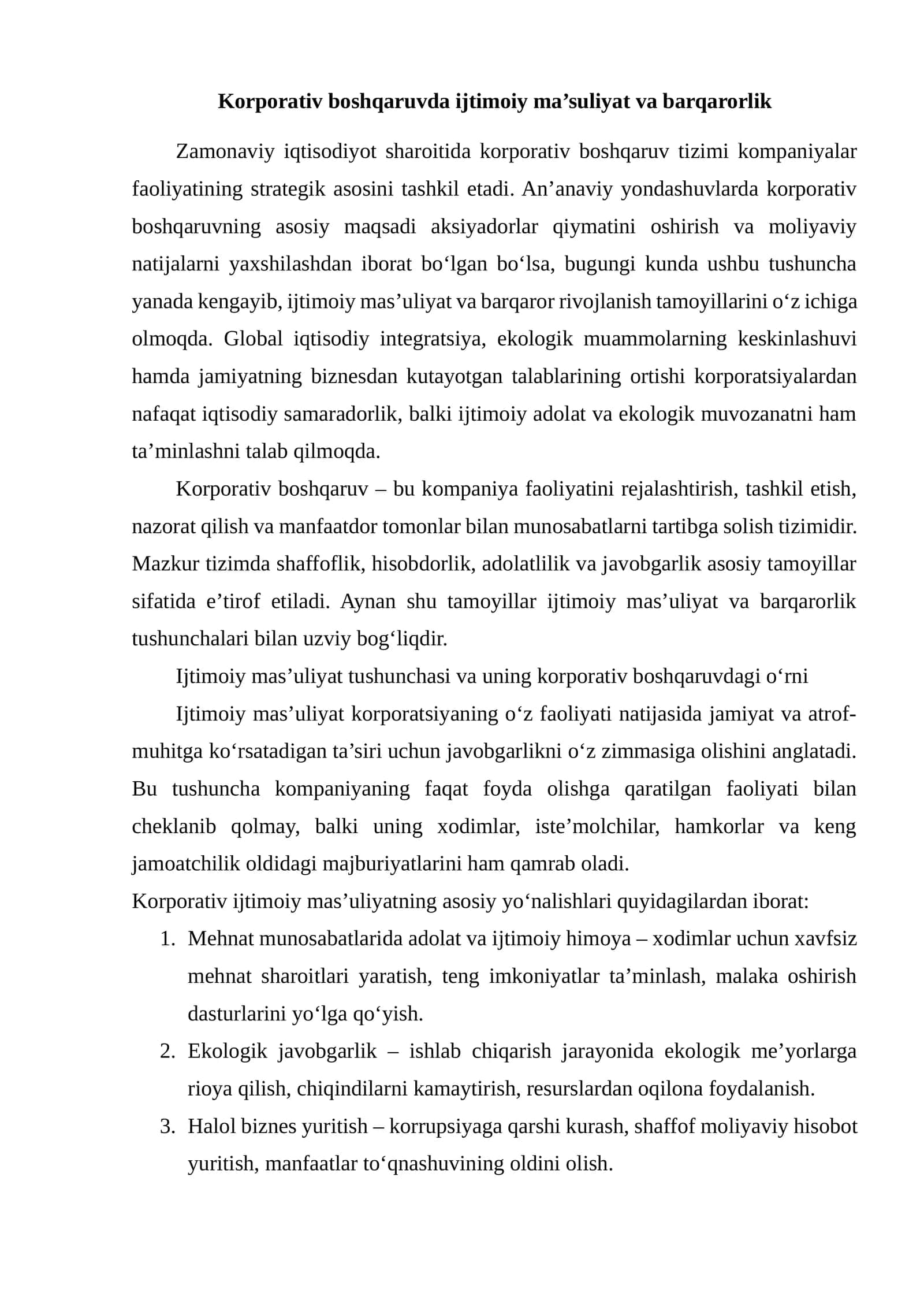 Korporativ boshqaruvda ijtimoiy ma’suliyat va barqarorlik