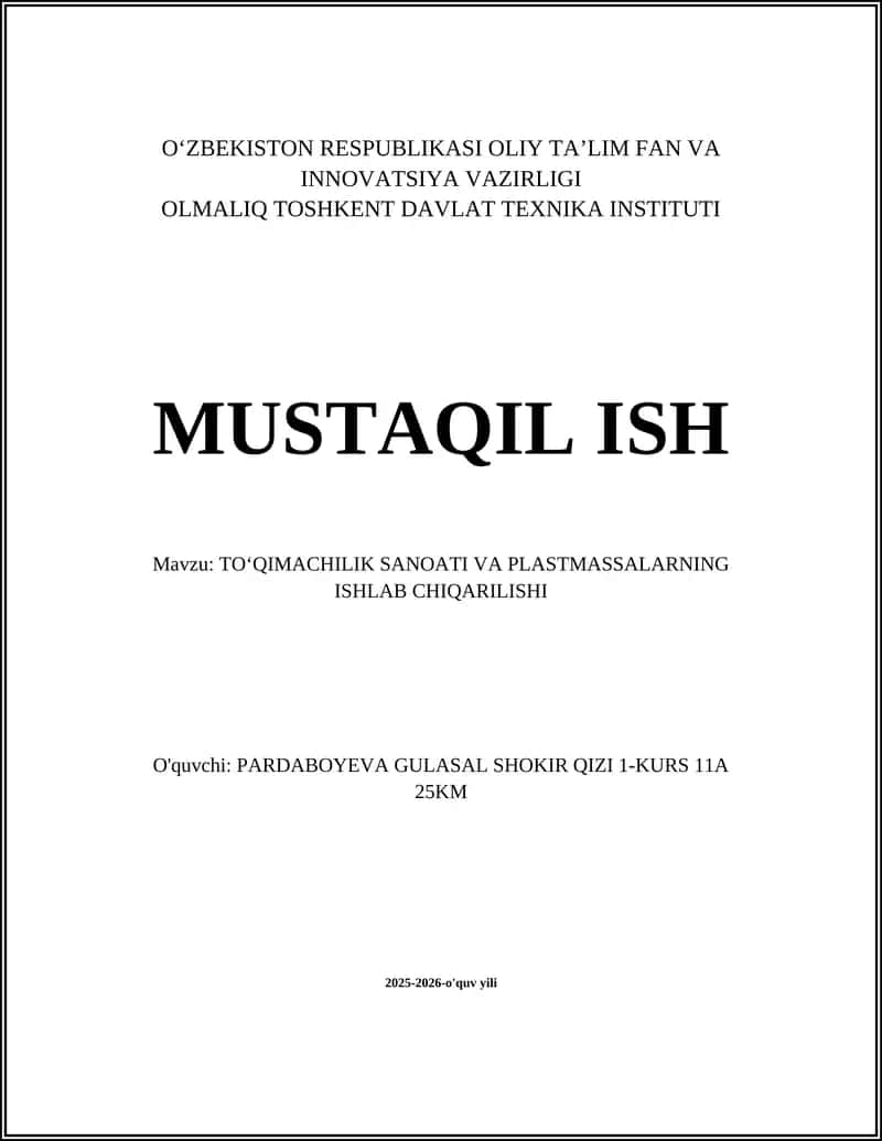 Toʻqimachilik sanoati va plastmassalarning ishlab chiqarilishi