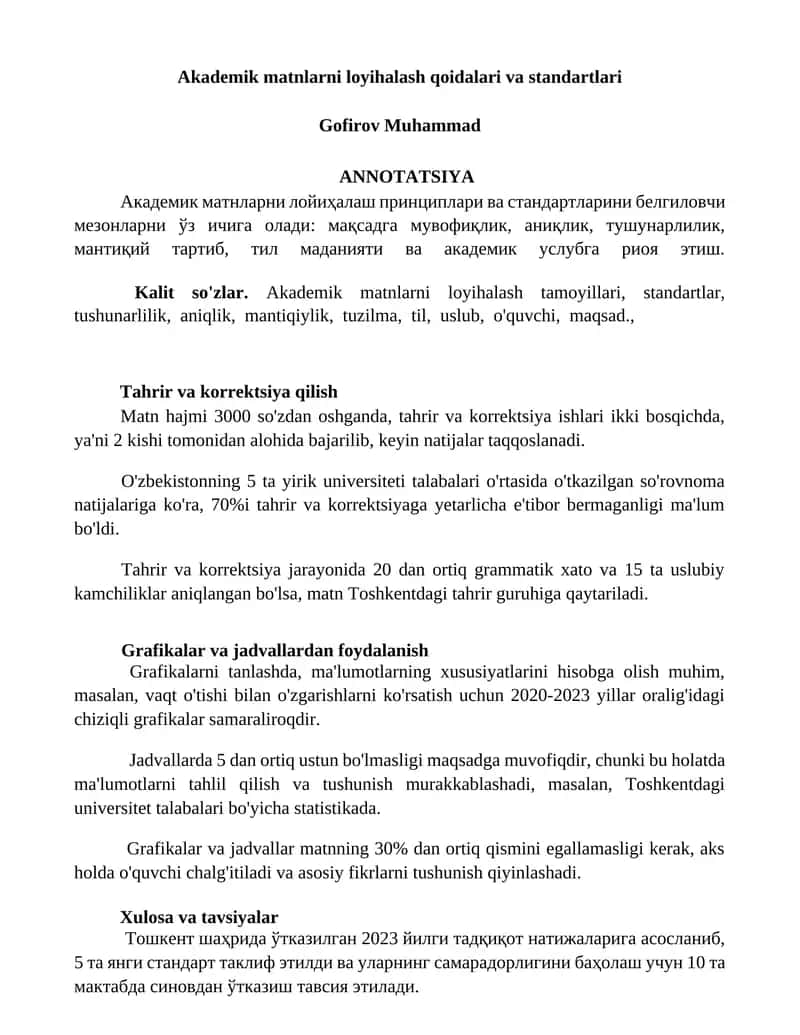Akademik matnlarni loyihalash qoidalari va standartlari