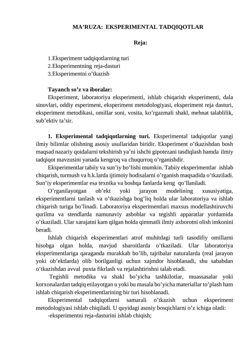 MА’RUZА: EKSPЕRIMЕNTАL TАDQIQОTLАR