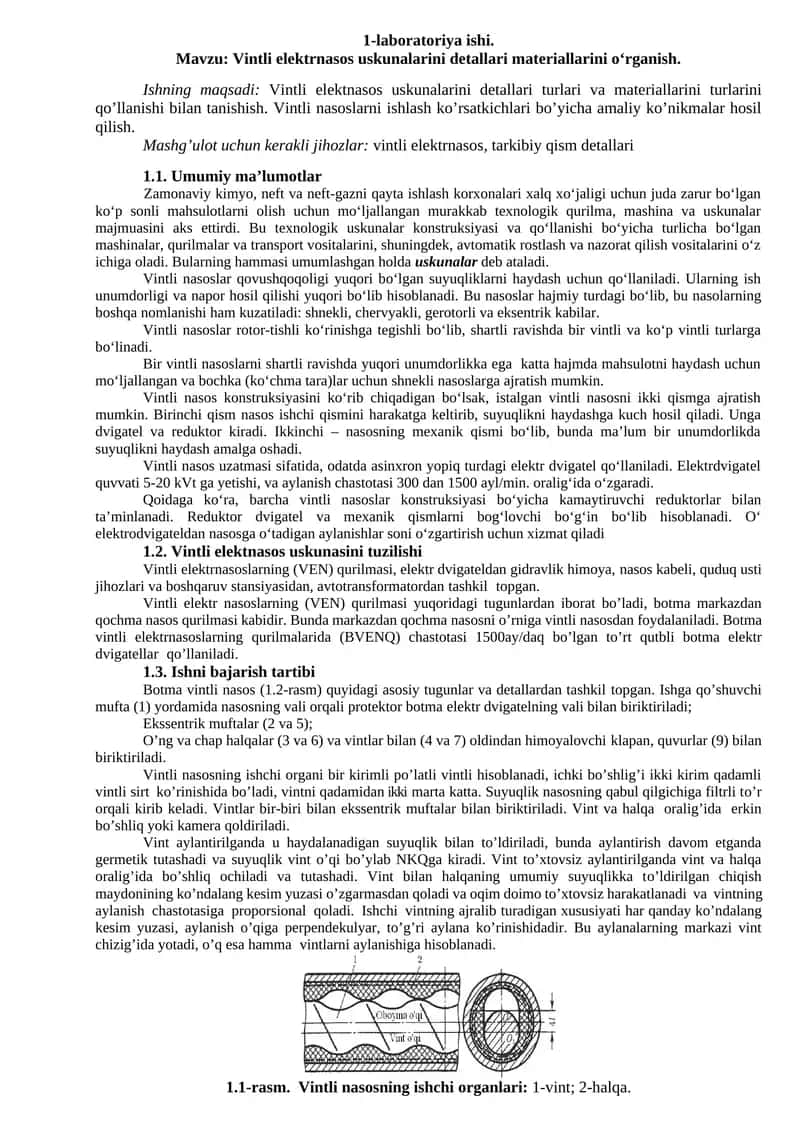Vintli elektrnasos uskunalarini detallari materiallarini o‘rganish