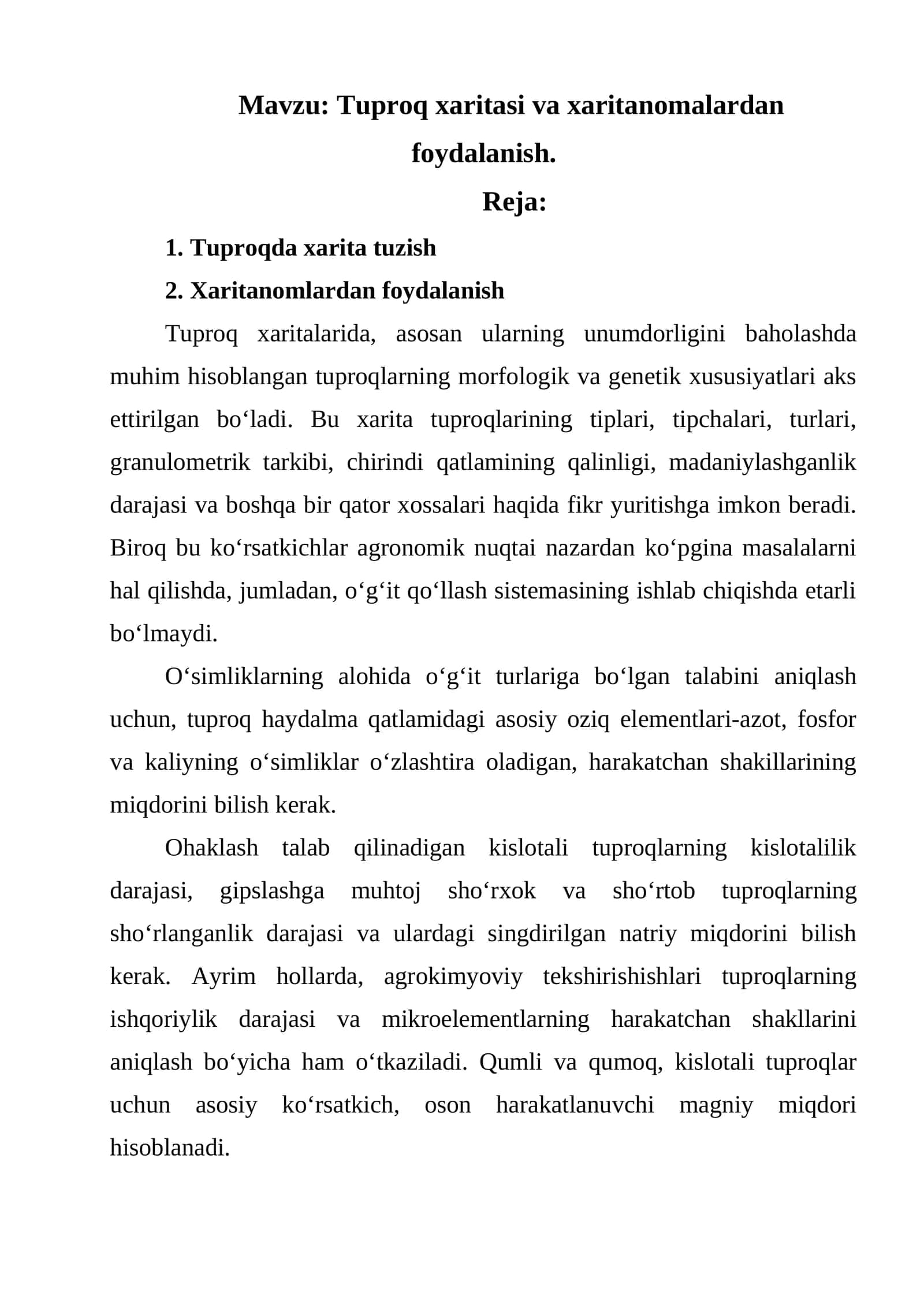 Tuproq xaritasi va xaritanomalardan foydalanish