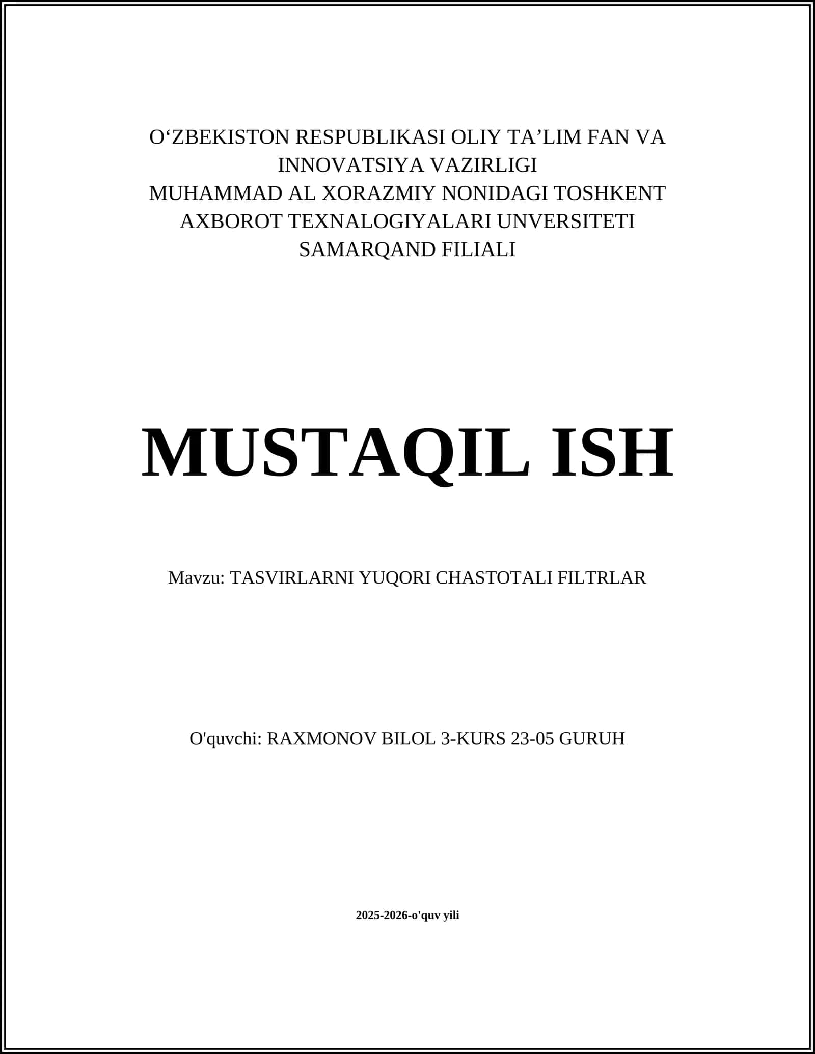 TASVIRLARNI YUQORI CHASTOTALI FILTRLAR