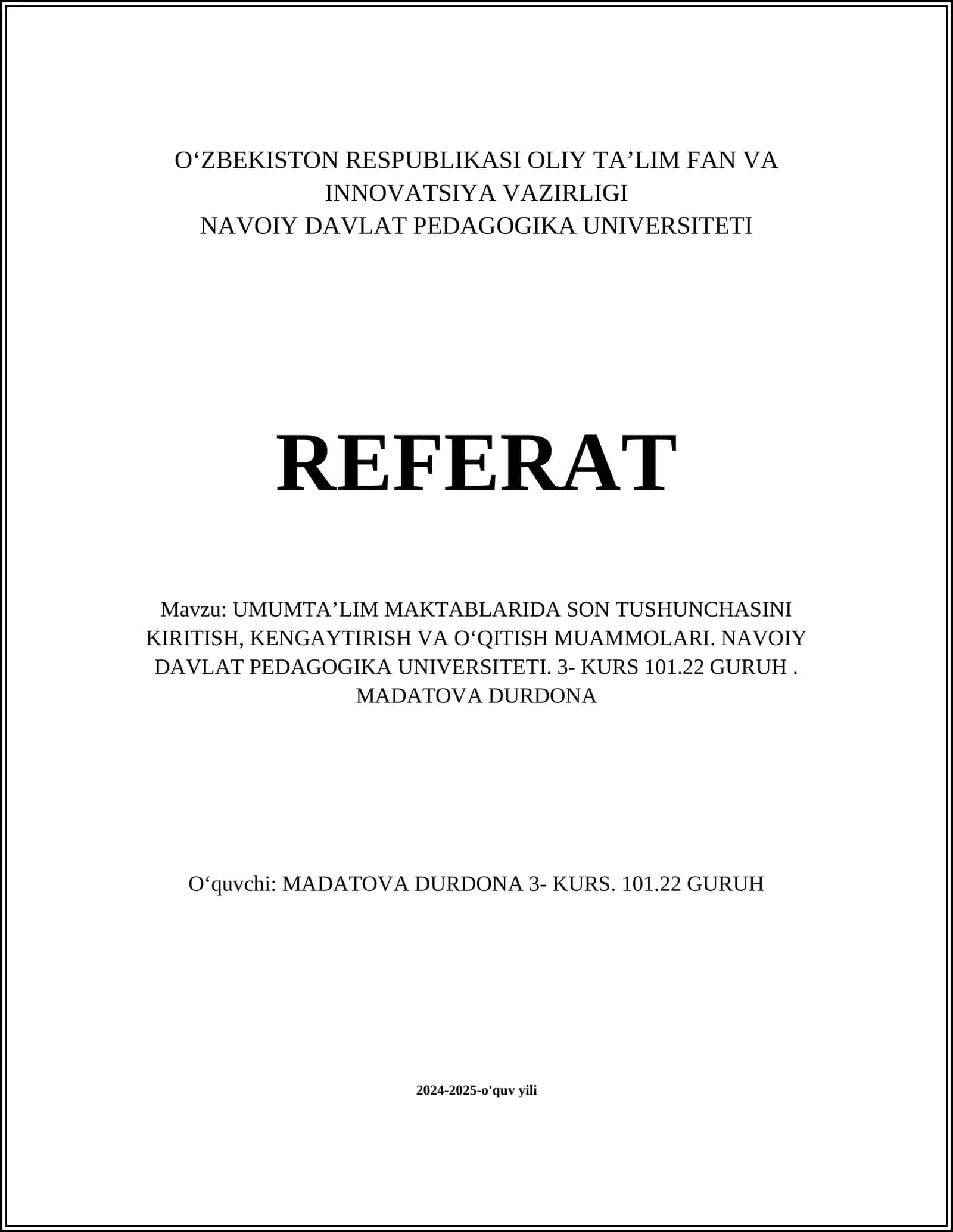 UMUMTAʼLIM MAKTABLARIDA SON TUSHUNCHASINI KIRITISH, KENGAYTIRISH VA OʻQITISH MUAMMOLARI