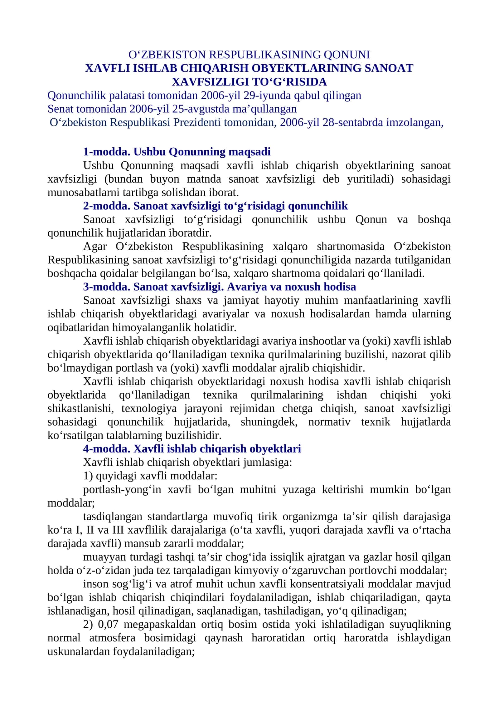 Xavfli ishlab chiqarish obyektlarining sanoat xavfsizligi to'g'risida Qonunchilik